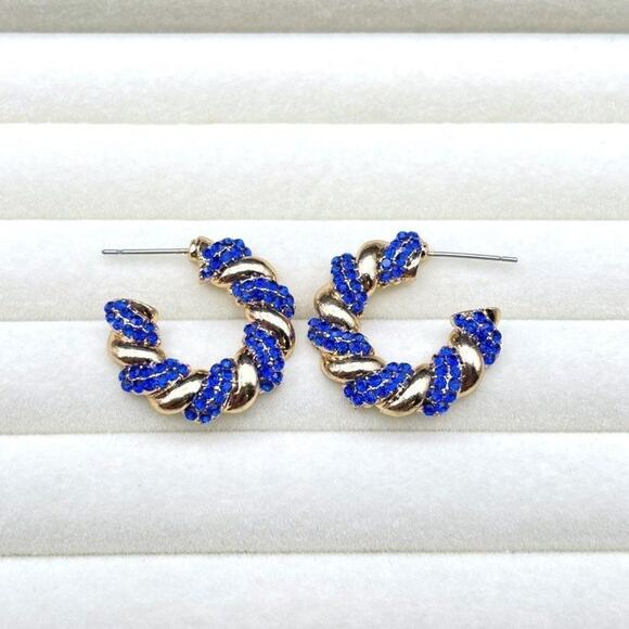 Yellow Gold with Blue Sapphire Crystal Twisted Rope Hoop Post Back Earrings - Picture 4 of 6